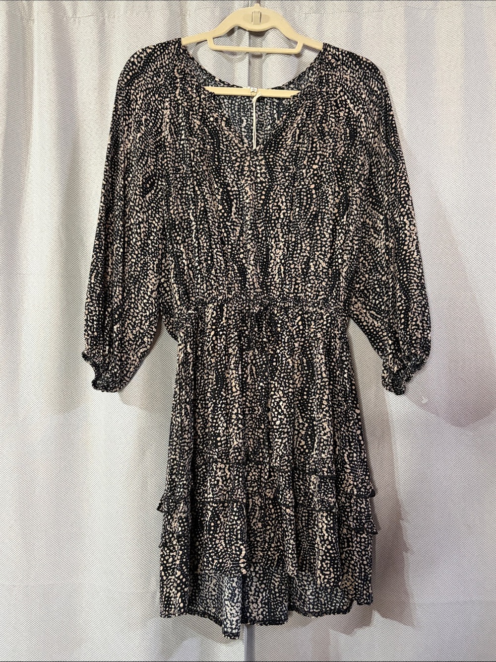 Z Supply Mina Blurred Lines Black, Tan, Cream Printed Tiered Long-Sleeve Dress